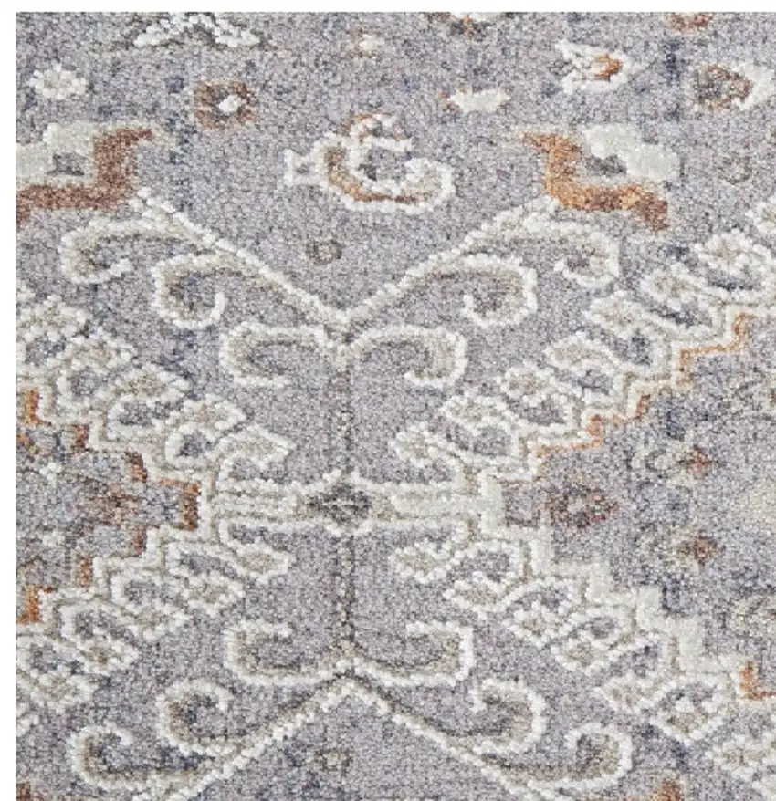 8' Gray Orange And Ivory Floral Power Loom Stain Resistant Runner Rug Photo 5