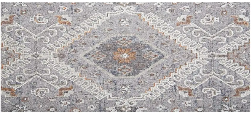 8' Gray Orange And Ivory Floral Power Loom Stain Resistant Runner Rug Photo 1