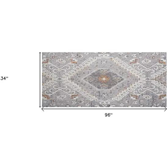 8' Gray Orange And Ivory Floral Power Loom Stain Resistant Runner Rug Photo 8