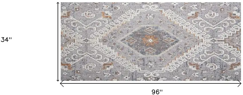 8' Gray Orange And Ivory Floral Power Loom Stain Resistant Runner Rug Photo 8
