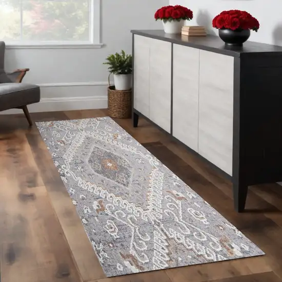8' Gray Orange And Ivory Floral Power Loom Stain Resistant Runner Rug Photo 2