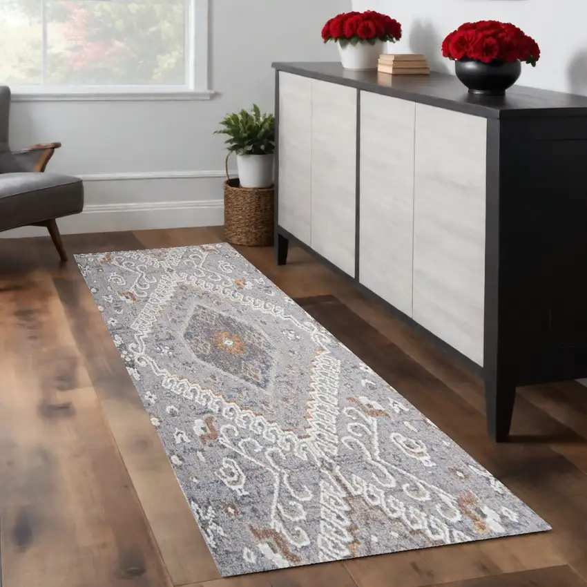 8' Gray Orange And Ivory Floral Power Loom Stain Resistant Runner Rug Photo 2