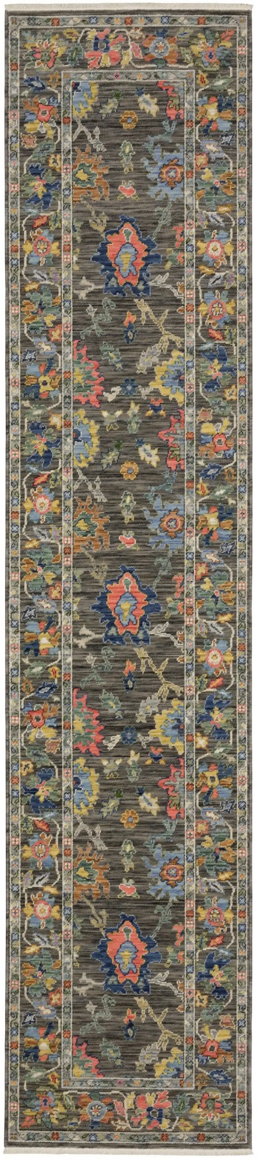 12' Gray Orange And Yellow Oriental Runner Rug With Fringe Photo 2