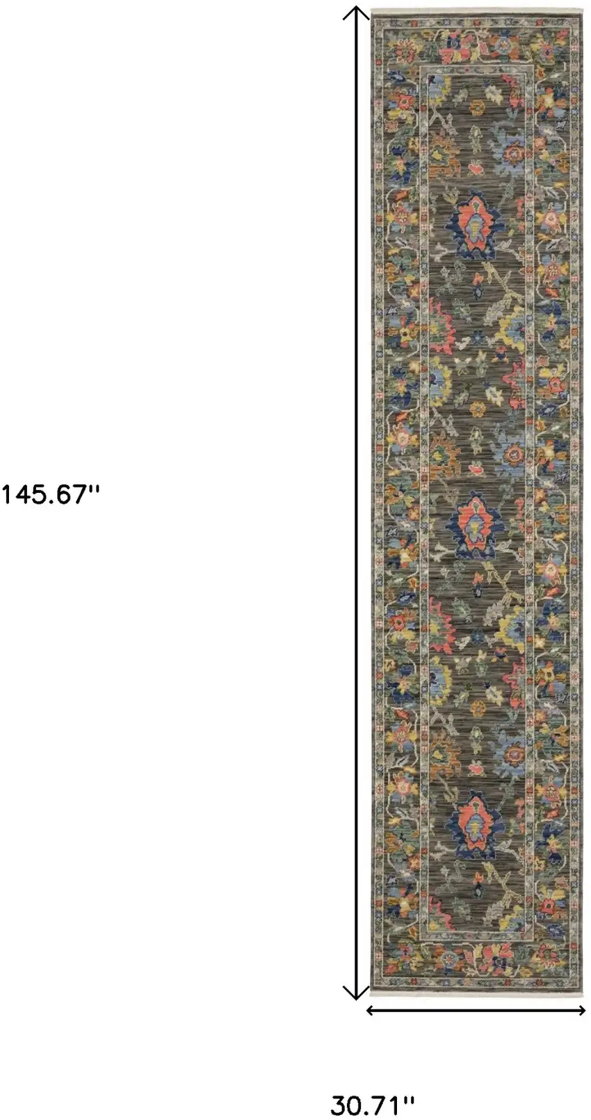 12' Gray Orange And Yellow Oriental Runner Rug With Fringe Photo 3