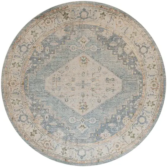8' Gray Oriental Distressed Round Rug Photo 2
