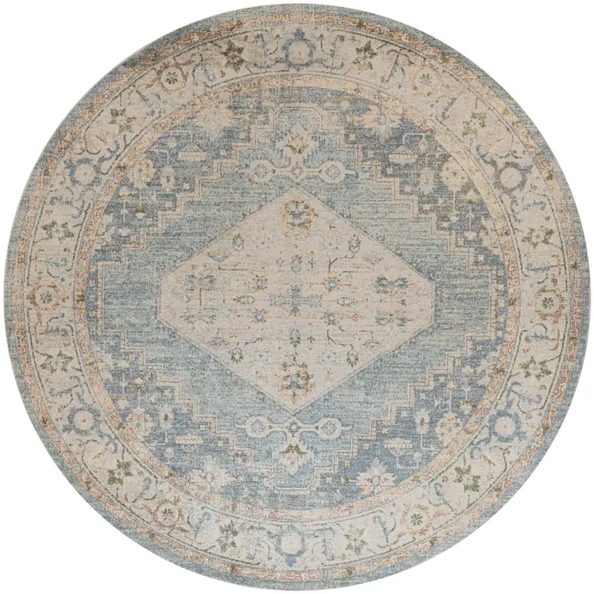 8' Gray Oriental Distressed Round Rug Photo 2
