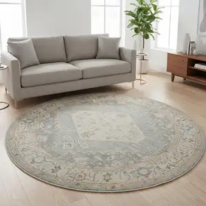 Photo of 8' Gray Oriental Distressed Round Rug