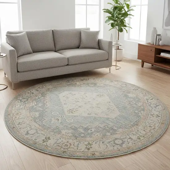 8' Gray Oriental Distressed Round Rug Photo 1