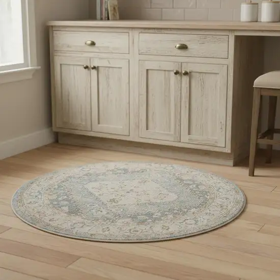 5' Gray Oriental Distressed Round Rug Photo 1