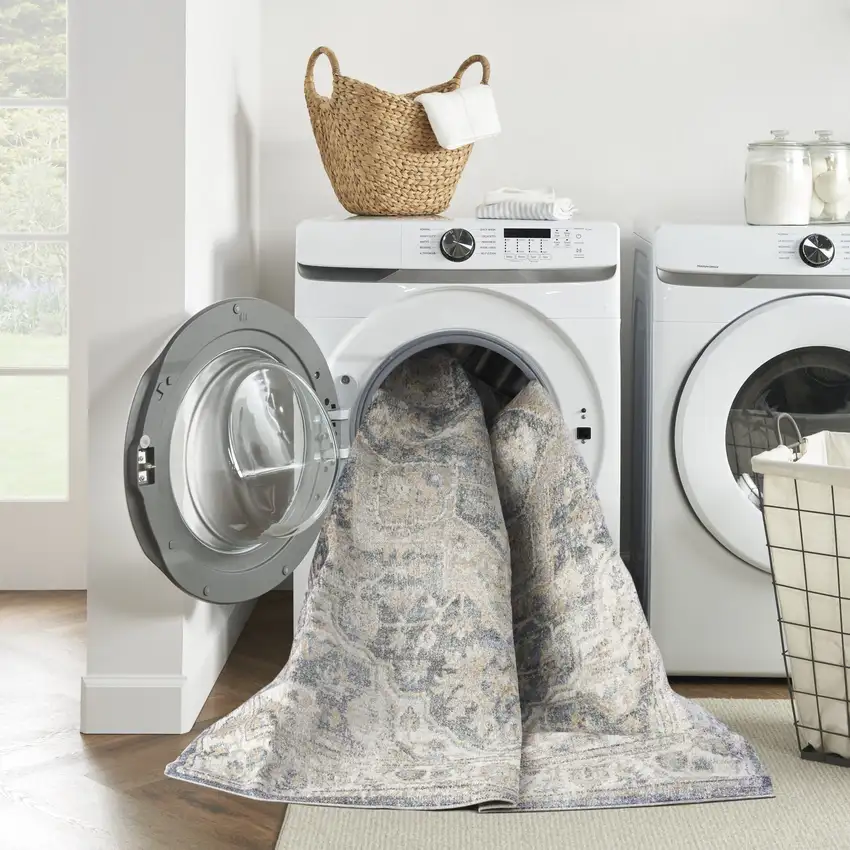 8' Gray Oriental Power Loom Washable Runner Rug Photo 5