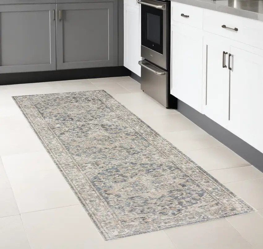 8' Gray Oriental Power Loom Washable Runner Rug Photo 2