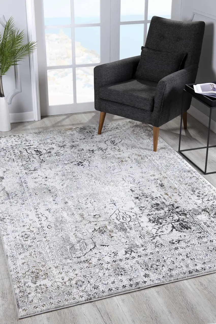 8' Gray Oriental Washable Non Skid Area Rug Photo 7
