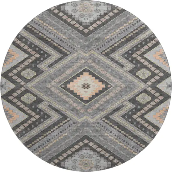 8' Gray Peach And Silver Tribal Washable Round Rug With UV Protection Photo 1