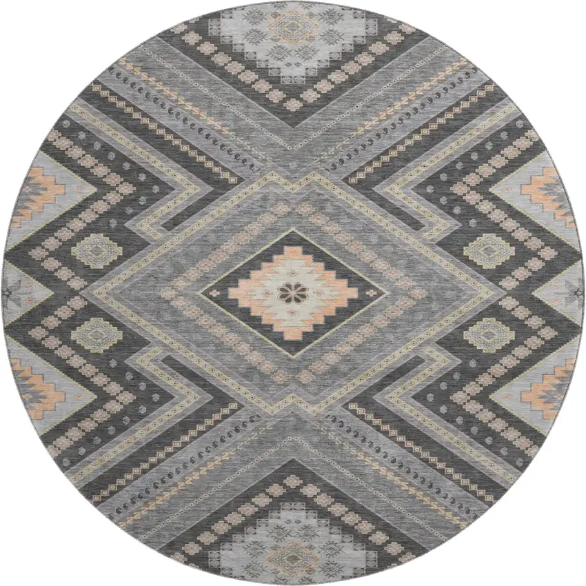 8' Gray Peach And Silver Tribal Washable Round Rug With UV Protection Photo 1