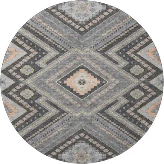 8' Gray Peach And Silver Tribal Washable Round Rug With UV Protection Photo 3