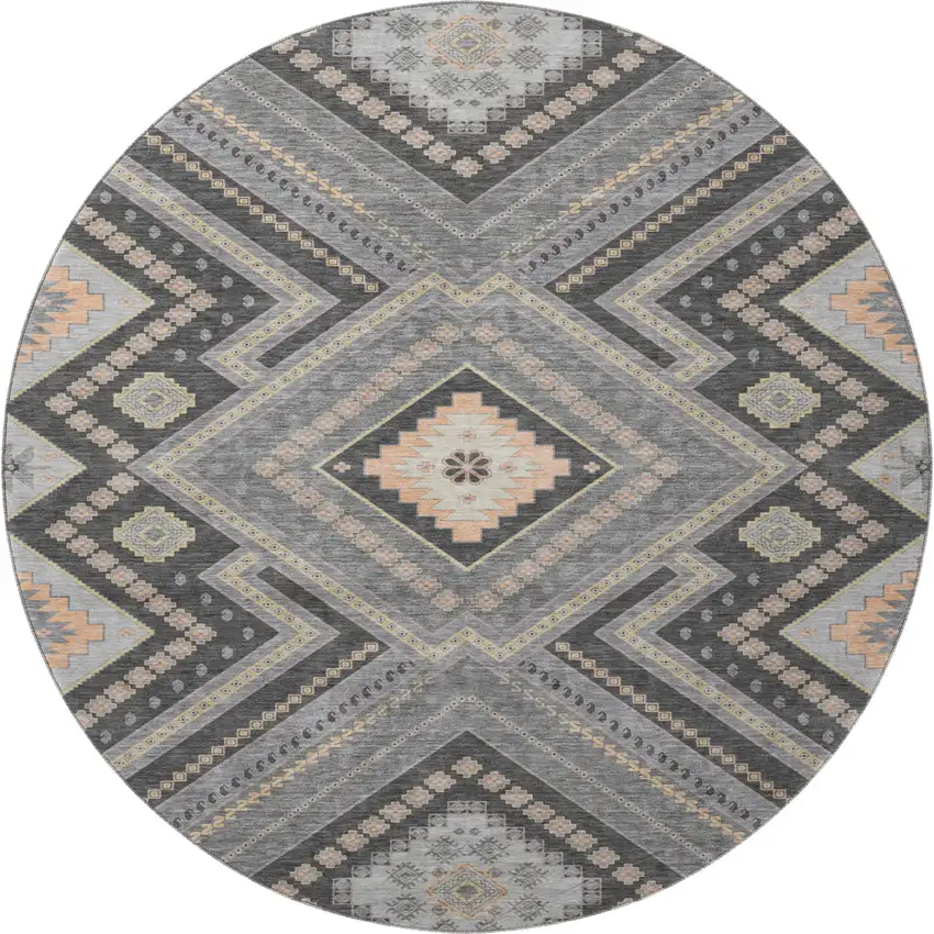 8' Gray Peach And Silver Tribal Washable Round Rug With UV Protection Photo 3