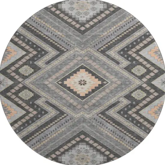 8' Gray Peach And Silver Tribal Washable Round Rug With UV Protection Photo 2