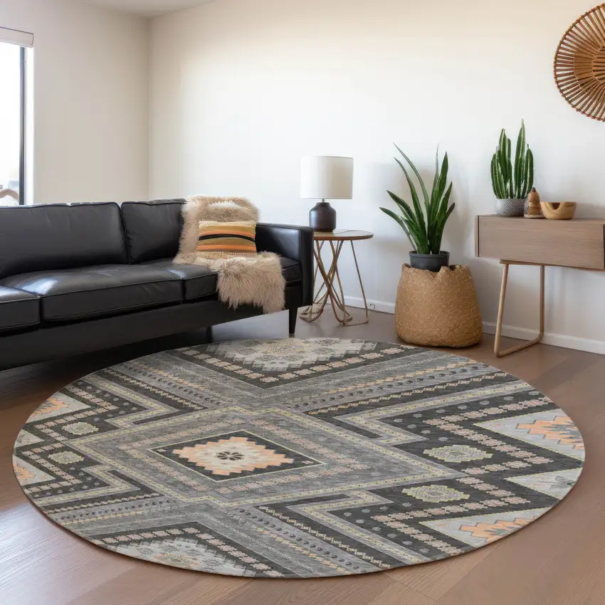8' Gray Peach And Silver Tribal Washable Round Rug With UV Protection Photo 4