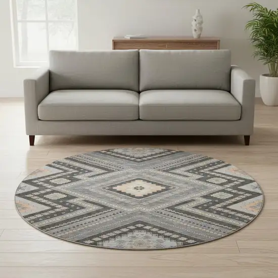 8' Gray Peach And Silver Tribal Washable Round Rug With UV Protection Photo 2