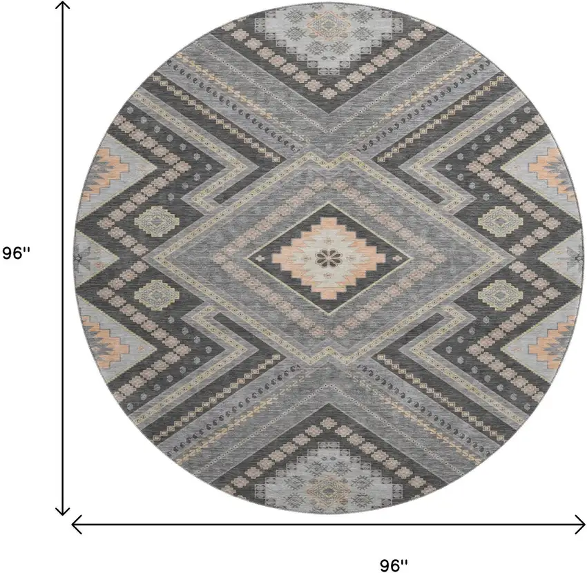 8' Gray Peach And Silver Tribal Washable Round Rug With UV Protection Photo 9