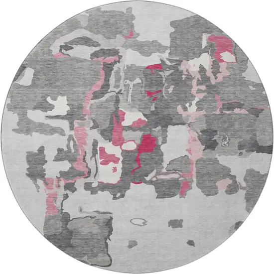 8' Gray Pink And Ivory Abstract Washable Round Rug With UV Protection Photo 3