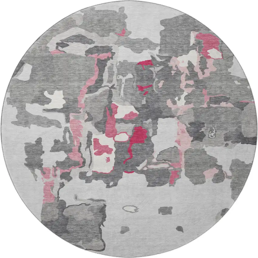 8' Gray Pink And Ivory Abstract Washable Round Rug With UV Protection Photo 3