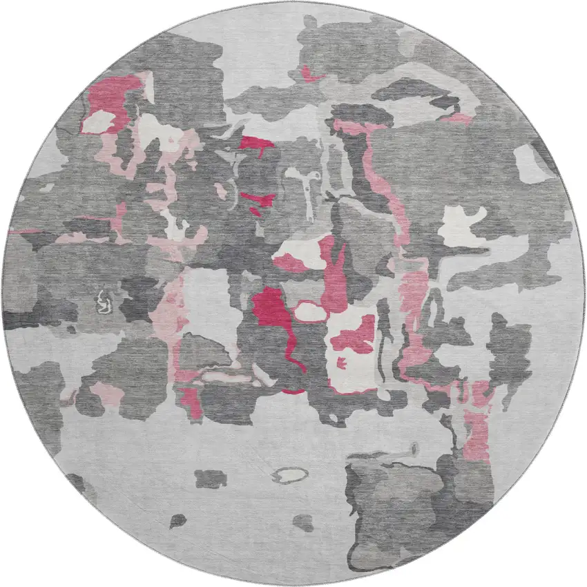 8' Gray Pink And Ivory Abstract Washable Round Rug With UV Protection Photo 1