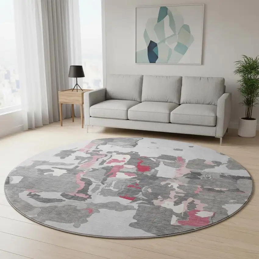 8' Gray Pink And Ivory Abstract Washable Round Rug With UV Protection Photo 2
