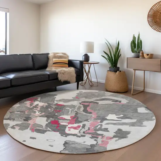8' Gray Pink And Ivory Abstract Washable Round Rug With UV Protection Photo 4