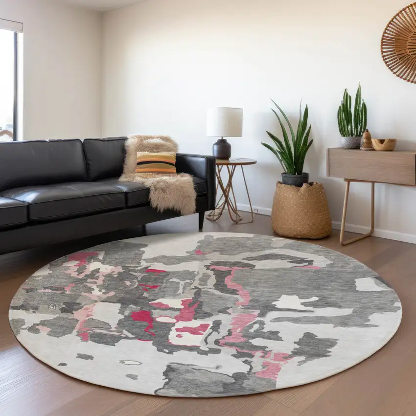 8' Gray Pink And Ivory Abstract Washable Round Rug With UV Protection Photo 4