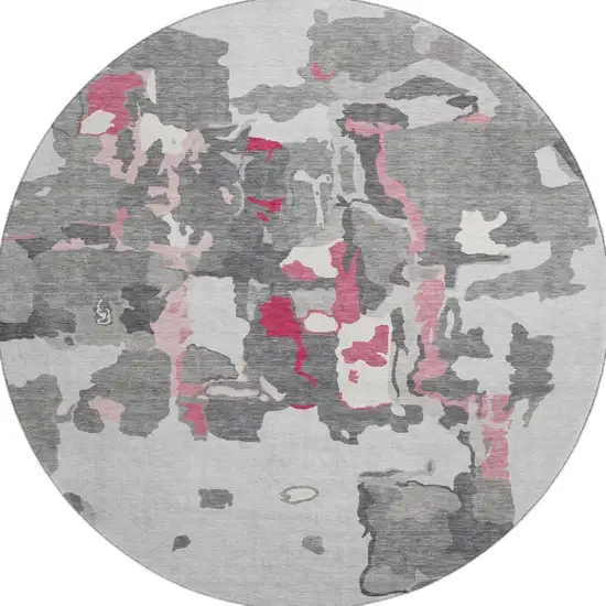 8' Gray Pink And Ivory Abstract Washable Round Rug With UV Protection Photo 2