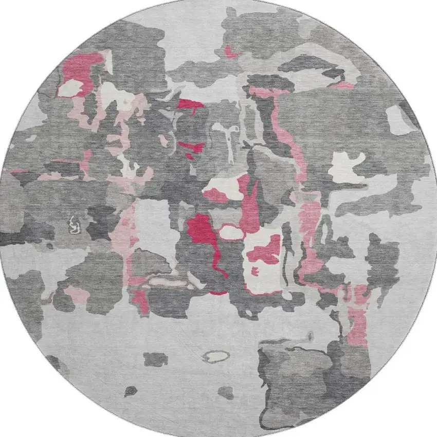 8' Gray Pink And Ivory Abstract Washable Round Rug With UV Protection Photo 2