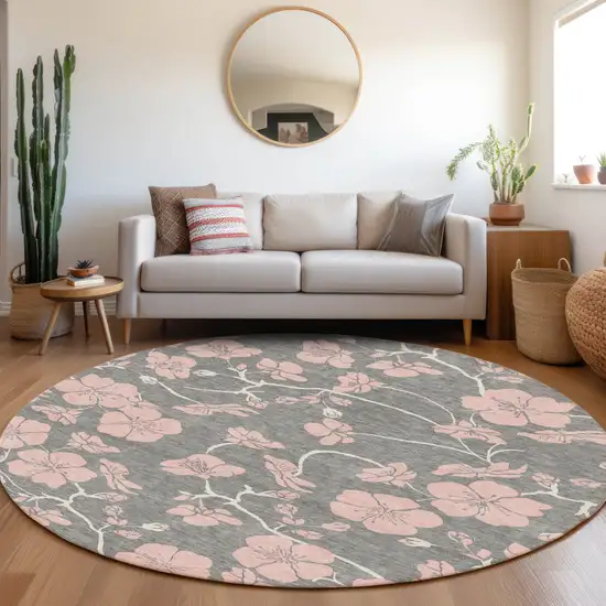 8' Gray Pink And Ivory Round Floral Washable Indoor Outdoor Area Rug Photo 7