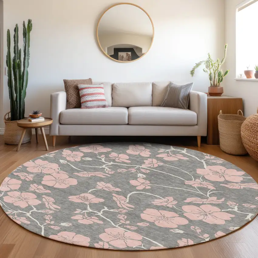 8' Gray Pink And Ivory Round Floral Washable Indoor Outdoor Area Rug Photo 7