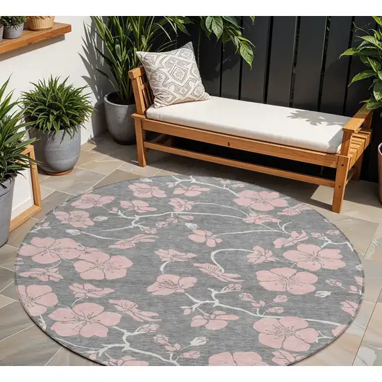 8' Gray Pink And Ivory Round Floral Washable Indoor Outdoor Area Rug Photo 1