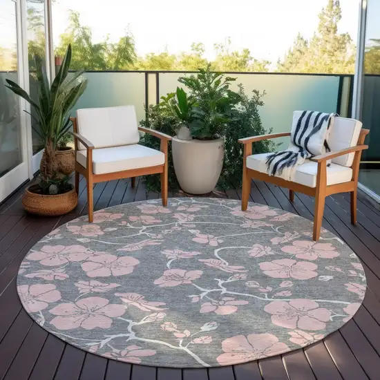 8' Gray Pink And Ivory Round Floral Washable Indoor Outdoor Area Rug Photo 6