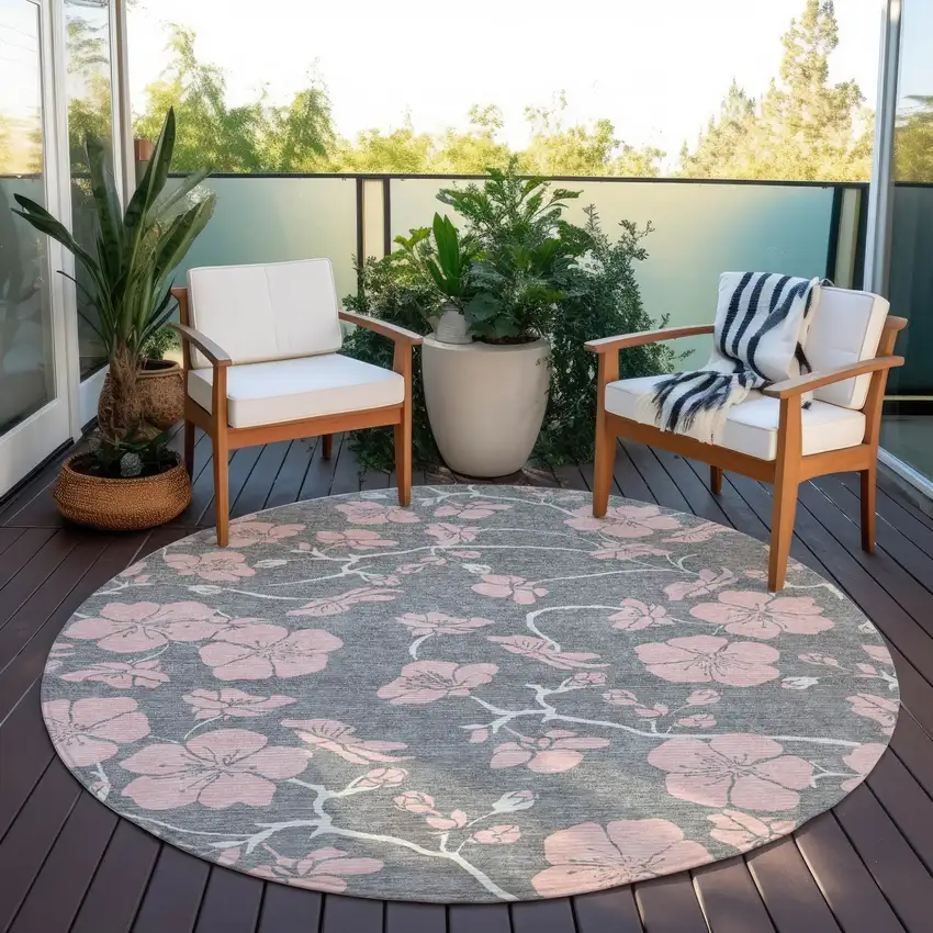 8' Gray Pink And Ivory Round Floral Washable Indoor Outdoor Area Rug Photo 6