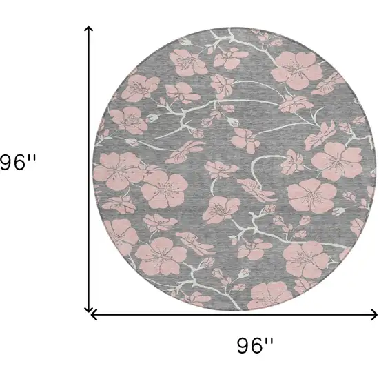 8' Gray Pink And Ivory Round Floral Washable Indoor Outdoor Area Rug Photo 3