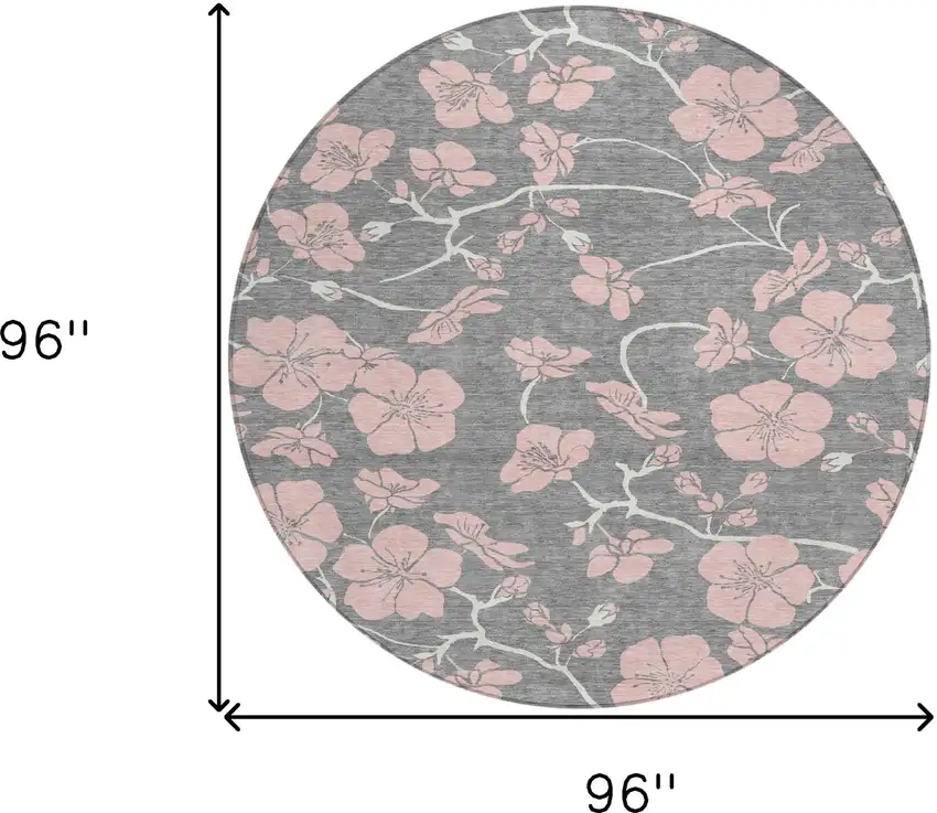 8' Gray Pink And Ivory Round Floral Washable Indoor Outdoor Area Rug Photo 3