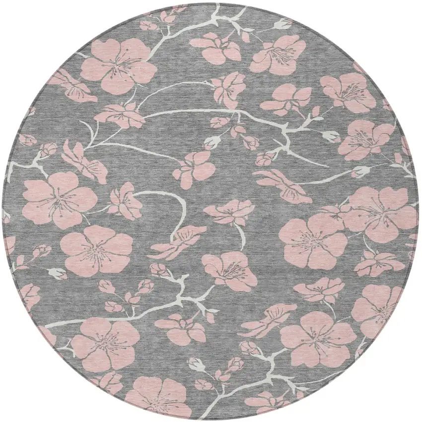 8' Gray Pink And Ivory Round Floral Washable Indoor Outdoor Area Rug Photo 5