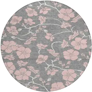 Photo of 8' Gray Pink And Ivory Round Floral Washable Indoor Outdoor Area Rug