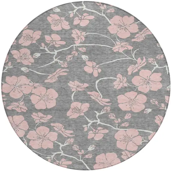 8' Gray Pink And Ivory Round Floral Washable Indoor Outdoor Area Rug Photo 2
