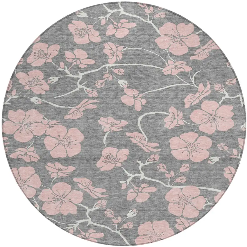 8' Gray Pink And Ivory Round Floral Washable Indoor Outdoor Area Rug Photo 2