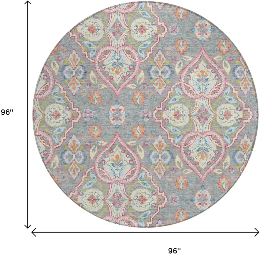 8' Gray Pink And Ivory Round Ogee Washable Indoor Outdoor Area Rug Photo 9