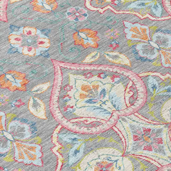 8' Gray Pink And Ivory Round Ogee Washable Indoor Outdoor Area Rug Photo 6