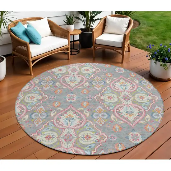 8' Gray Pink And Ivory Round Ogee Washable Indoor Outdoor Area Rug Photo 2