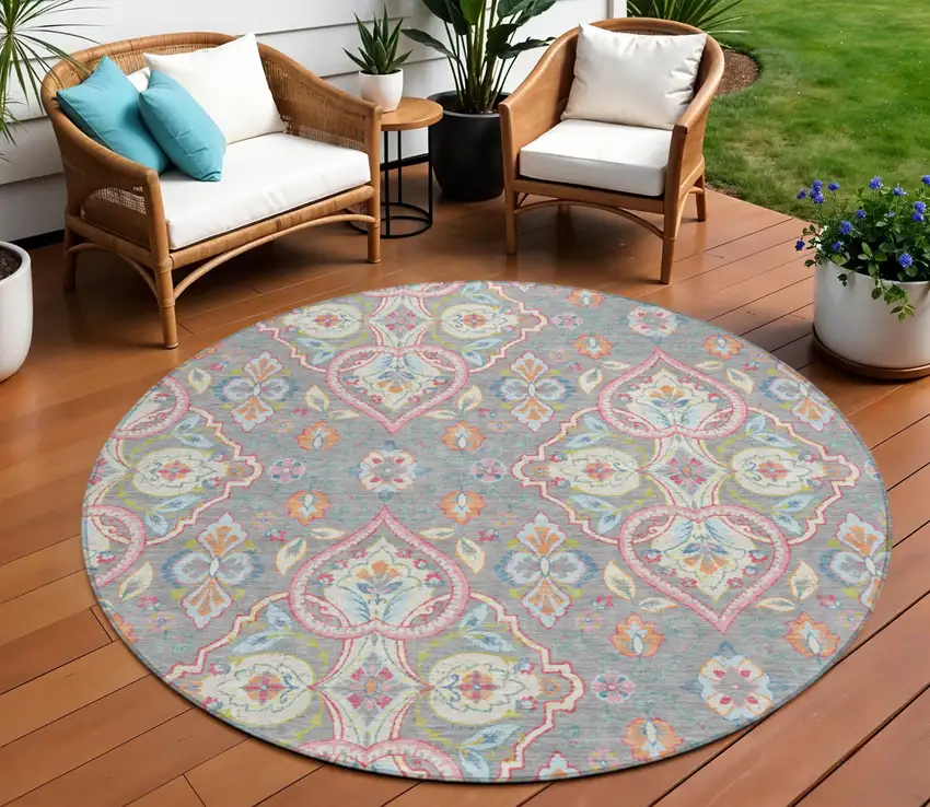 8' Gray Pink And Ivory Round Ogee Washable Indoor Outdoor Area Rug Photo 2