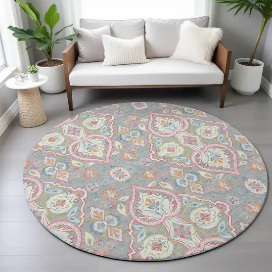 8' Gray Pink And Ivory Round Ogee Washable Indoor Outdoor Area Rug Photo 8