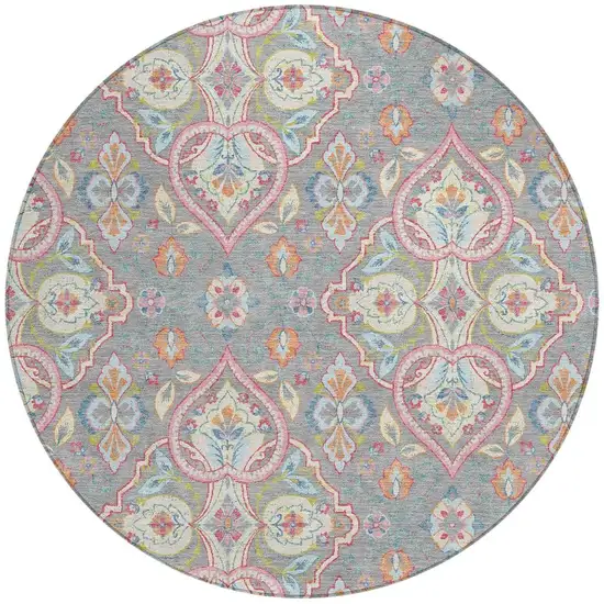 8' Gray Pink And Ivory Round Ogee Washable Indoor Outdoor Area Rug Photo 3