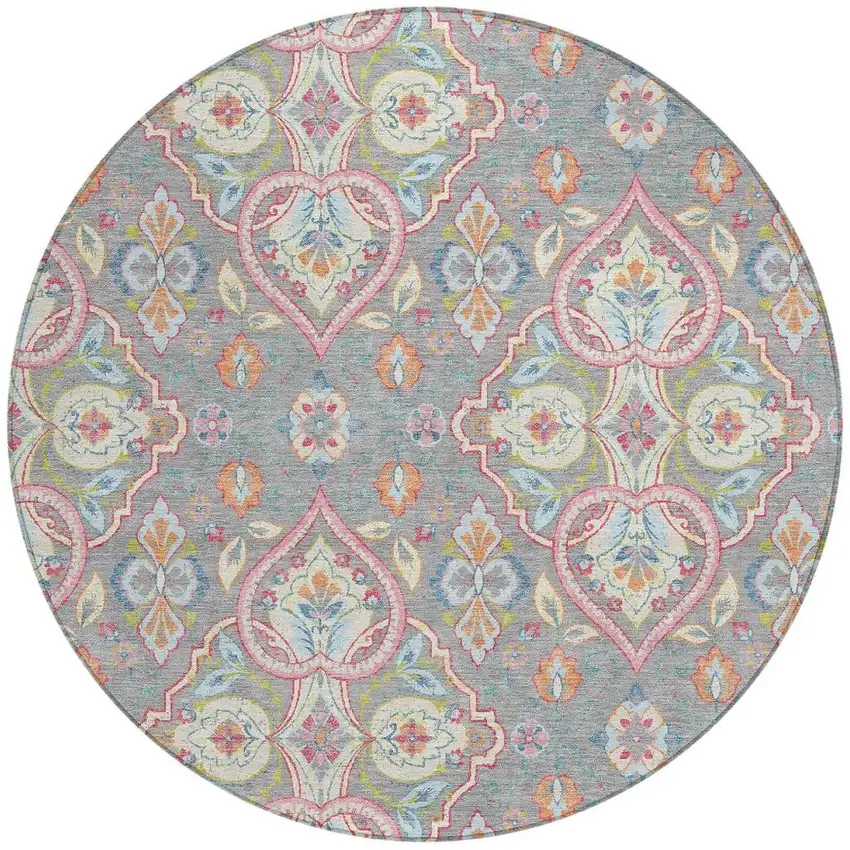 8' Gray Pink And Ivory Round Ogee Washable Indoor Outdoor Area Rug Photo 3